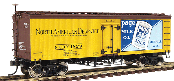 36' Wood Reefer - Assembled -- Page Milk Co. #1829 (yellow, blue, white, brown)