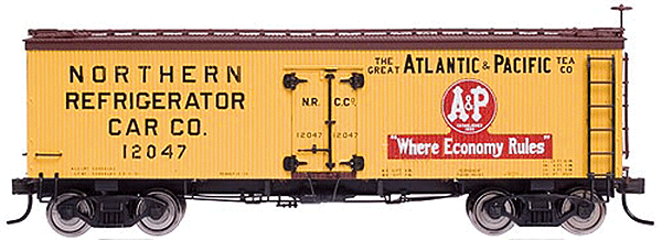 36' Wood Reefer - Assembled -- Atlantic & Pacific #12047 (yellow, brown, Multi Colored Herald)