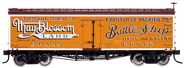 36' Wood Reefer - Assembled -- Evansville Packing Co. #55 (orange, white, black, brown)