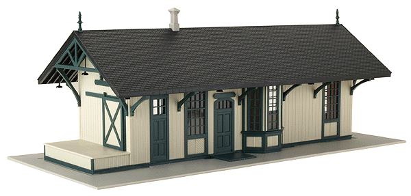 Maywood Train Station - Built-Up -- Pale Green w/Dark Green Trim; 9-1/4 x 4-1/4 x 3"  23.1 x 10.6 x 7.5cm