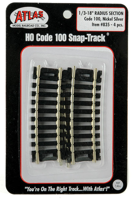 Code 100 Curved Snap-Track(R) Nickel-Silver Rail -- 1/3 Section, 18" Radius (Black Ties) pkg(4)