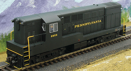 Diesel F-M H15-44 Powered; Early w/Square Cab Windows & Body-Mount Handrails -- Pennsylvania Railroad #8809 (Brunswick Green, gold)
