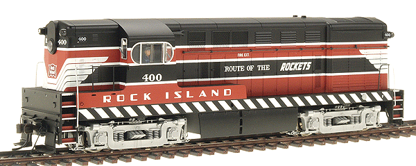 Diesel F-M H15-44 Powered; Early "Loewy" Body & Cab w/Body-Mounted Handrai -- Rock Island #400 (red, black, white) "Rockets Scheme"