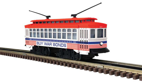 Trolley 3-Rail - Conventional AC - Industrial Rail -- Buy War Bonds #124 (WWII, red, white, blue)
