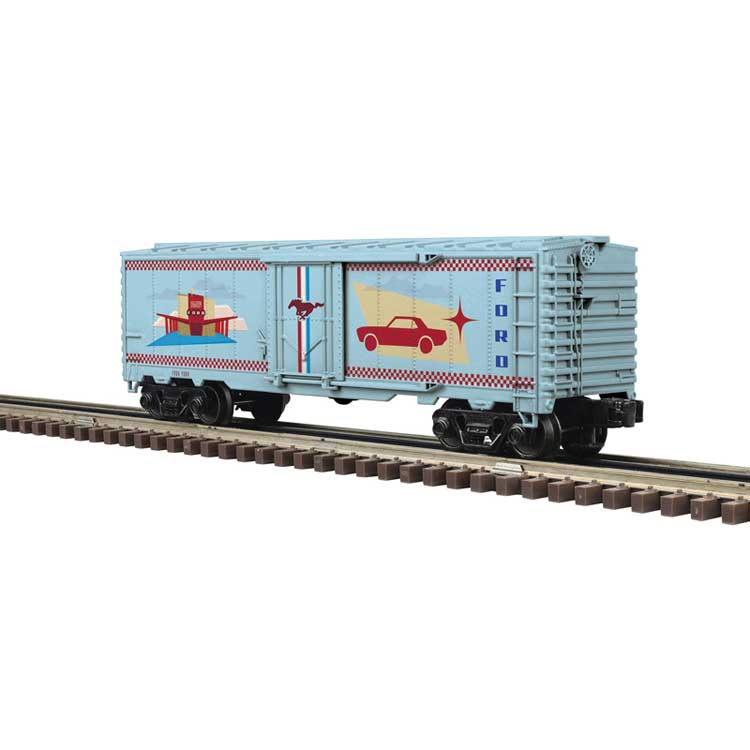 Plug-Door Boxcar - 3-Rail - Ready to Run - Industrial Rail(TM) -- Ford(R) Vintage Mustang (blue, red)