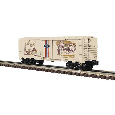 Plug-Door Boxcar - 3-Rail - Ready to Run - Industrial Rail(TM) -- Ford(R) Western (beige, blue, red, Built Wild Slogan)