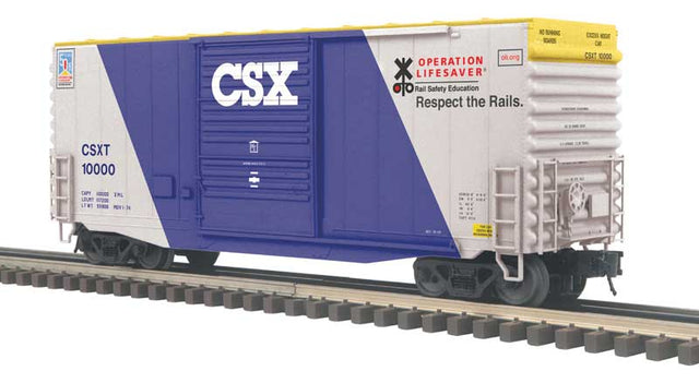 40' Hy-Cube Boxcar - 3-Rail - Ready to Run - Trainman(TM) -- CSX (Operation Lifesaver Fantasy Scheme, blue, white)
