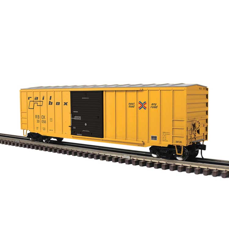 50'6" Boxcar - 3-Rail - Ready to Run -- Railbox (yellow, black, Small Logo)