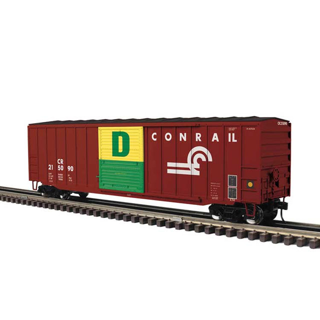 50'6" Boxcar - 3-Rail - Ready to Run -- Conrail (Boxcar Red, yellow ex-RDG Door)