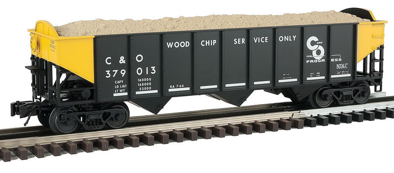70-Ton 3-Bay Open Hopper w/Flat End - 3-Rail - Ready to Run - Trainman(R) -- Chesapeake & Ohio (black, yellow, Wood Chip Service)