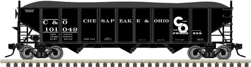 AAR 70-Ton 9-Panel 3-Bay Open Hopper with Load - 2-Rail - Ready to Run -- Chesapeake & Ohio (black, white, Progress Logo)