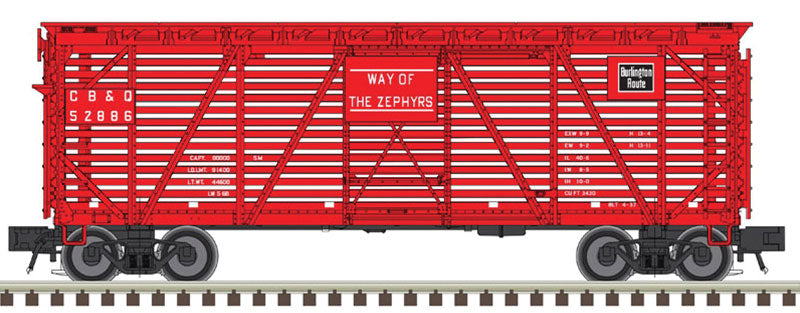 40' Steel Stock Car - 2-Rail - Ready to Run - Trainman(R) -- Chicago, Burlington & Quincy (red, Way of the Zephyrs Slogan)