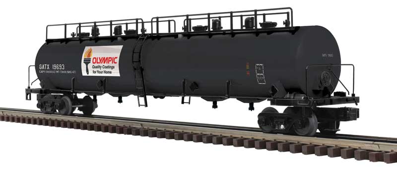 20,000-Gallon 4-Compartment Tank Car - 3-Rail - Ready to Run - Premier -- Olympic Coatings (black, white, red)