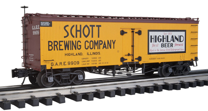 36' Wood Reefer - 3-Rail - Ready to Run - Master(R) -- Schott Brewing Company (yellow, Boxcar Red, black, red)