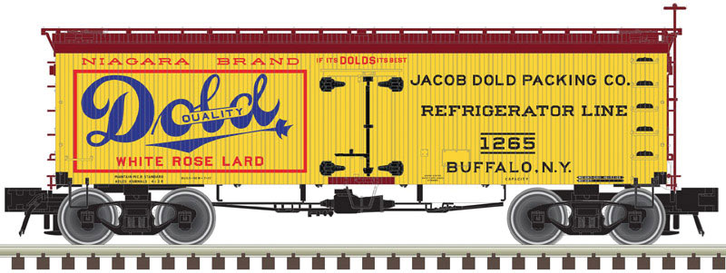 36' Wood Reefer with Truss Rods - 3-Rail - Ready to Run - Master(R) -- Dold Packing Co. (yellow, Boxcar Red, blue, red)