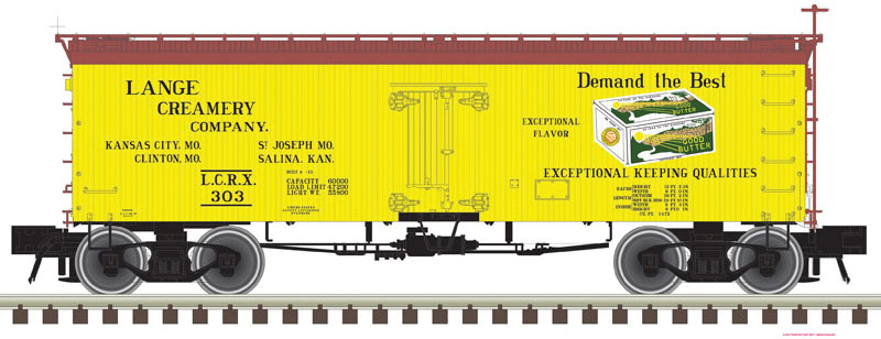 36' Wood Reefer with Truss Rods - 3-Rail - Ready to Run - Master(R) -- Lange Creamery (yellow, Boxcar Red)