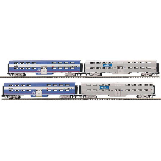 70' Bi-Level Gallery Car 4-Pack3-Rail -  Ready to Run - Premier -- Metra Bike Cars #7791, 7801 (blue) Fluted Coaches #6127, 8502 (silver)