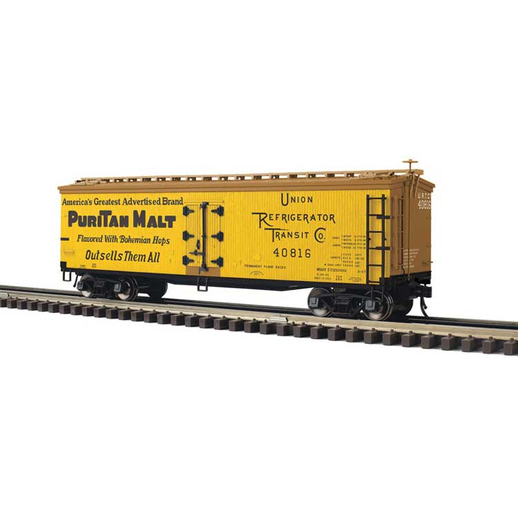 40' Wood Reefer - 3-Rail - Ready to Run - Master(R) -- Puritan Malt URTC (yellow, Boxcar Red, black)