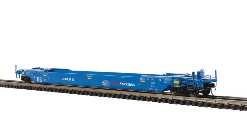 53' Rebuilt Well Car - 3-Rail - Ready to Run - Premier -- Pacer Stacktrain BRAN (blue, white, red)
