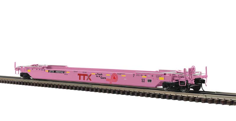 53' Rebuilt Well Car - 3-Rail - Ready to Run - Premier -- TTX DTTX #469542 (pink, On Track for a Cure Logo)