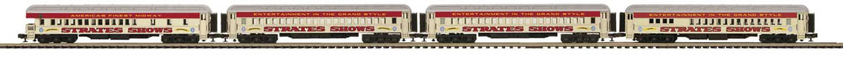 Madison Heavyweight Diner, 2 Coach, Observation Set - 3-Rail RTR -- Strates Shows Red Train #12 Elmira, 3 Hamburg, 9 Winston Salem, 1 Stratesvil