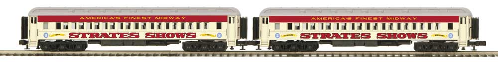 Madison Heavyweight Coach 2-Pack - 3-Rail - Ready to Run -- Strates Shows Red Train #2 Syracuse, 8 York (yellow, red)