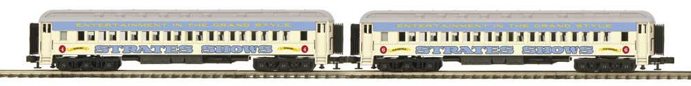 Madison Heavyweight Coach 2-Pack - 3-Rail - Ready to Run -- Strates Shows Blue Train #4 Dunkirk, 6 Clearfield (yellow, blue)