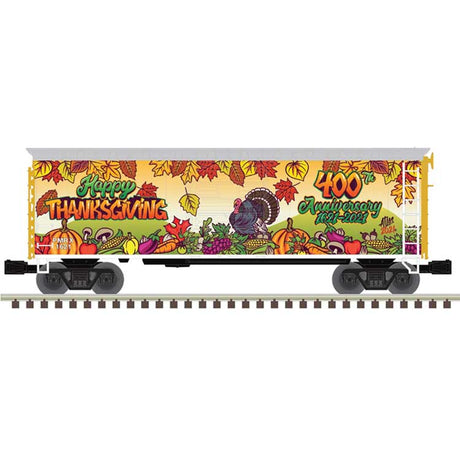 40' Plug-Door Boxcar with Light - 3-Rail - Ready to Run - Trainman(R) -- Happy Thanksgiving PRLX 1621 (400th Anniversary, leaf and turkey graphics)