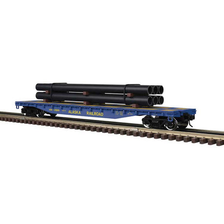 52'6" Flatcar w/Pipe Load - 3-Rail - Ready to Run - Trainman(R) -- Alaska Railroad (blue, yellow)
