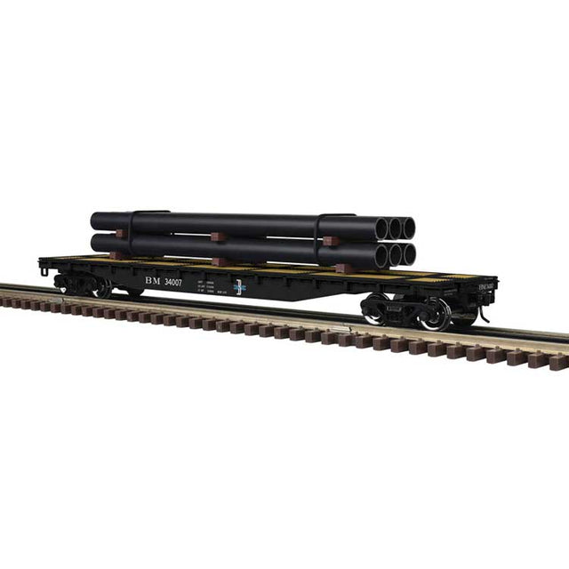 52'6" Flatcar w/Pipe Load - 3-Rail - Ready to Run - Trainman(R) -- Boston & Maine (black, white, blue)