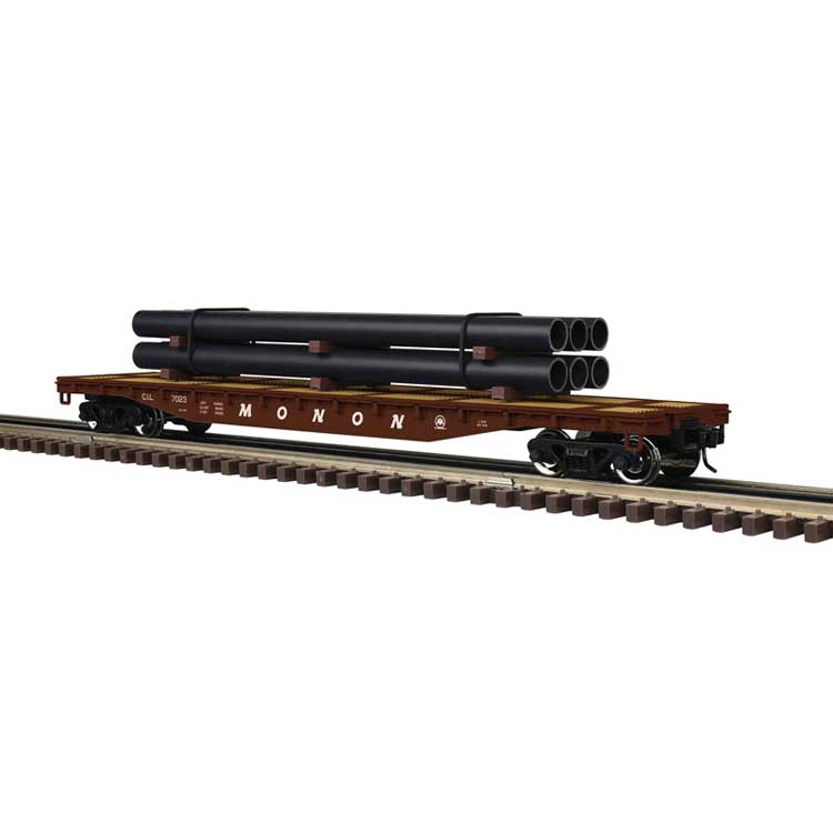 52'6" Flatcar w/Pipe Load - 3-Rail - Ready to Run - Trainman(R) -- Monon (Boxcar Red)