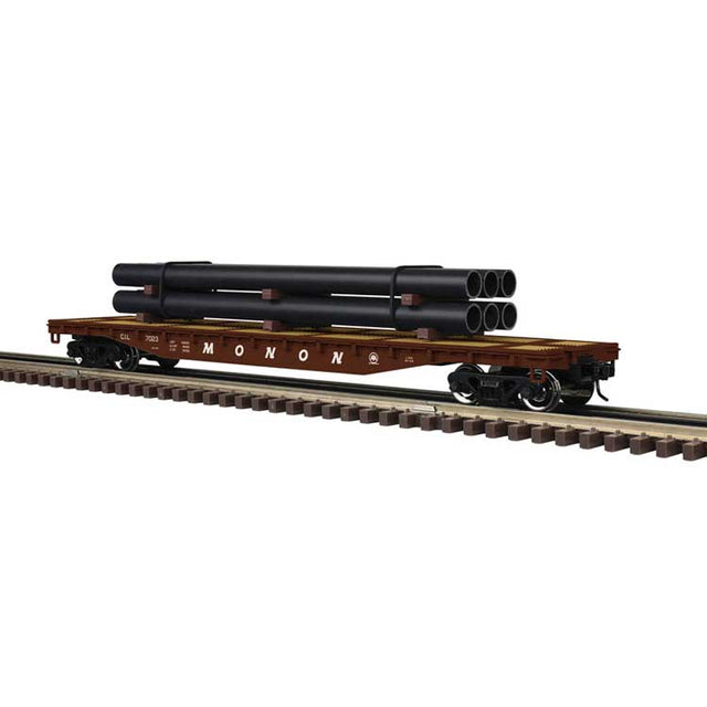 52'6" Flatcar w/Pipe Load - 3-Rail - Ready to Run - Trainman(R) -- Monon (Boxcar Red)