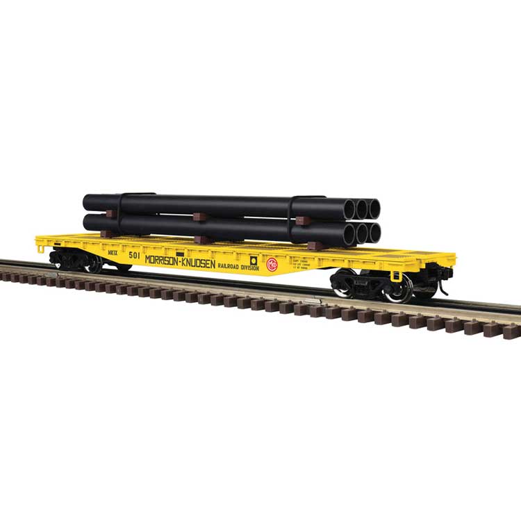 52'6" Flatcar w/Pipe Load - 3-Rail - Ready to Run - Trainman(R) -- Morrison Knudsen (yellow, black, red)