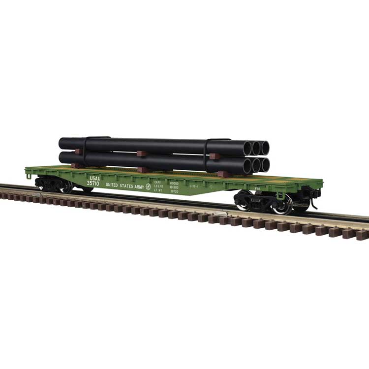 52'6" Flatcar w/Pipe Load - 3-Rail - Ready to Run - Trainman(R) -- US Army Transportation Corps USAX (green)