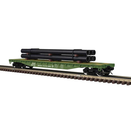 52'6" Flatcar w/Pipe Load - 3-Rail - Ready to Run - Trainman(R) -- US Army Transportation Corps USAX (green)