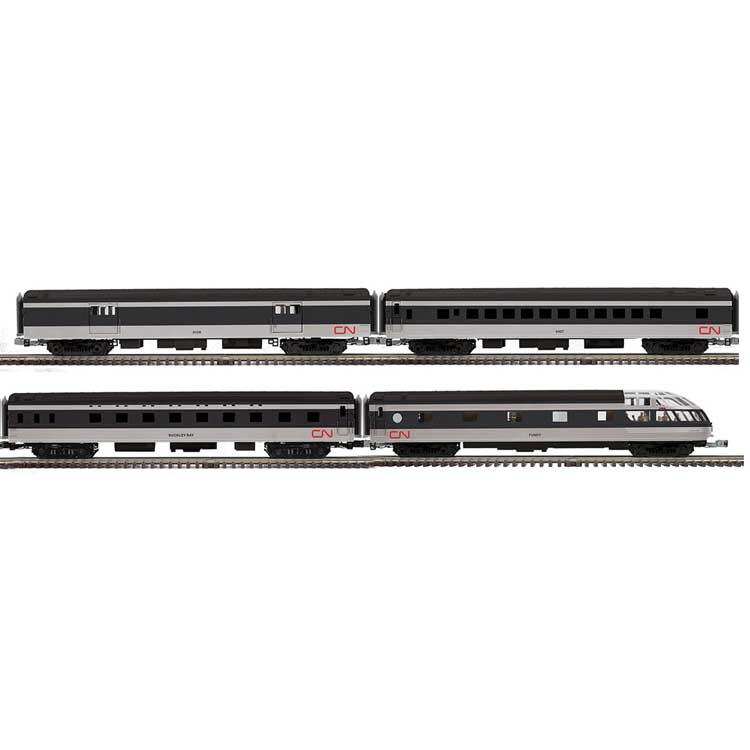 70' Streamlined Baggage, Sleeper, Coach, Skytop Obs - 3-Rail - Ready to Run -- Canadian National #9109, Bucklye Bay, 5407, Fundy (black, white, red)