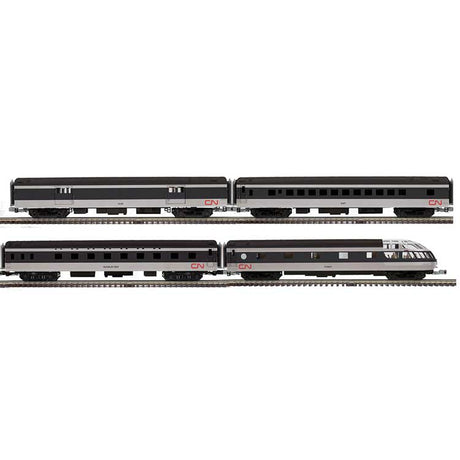70' Streamlined Baggage, Sleeper, Coach, Skytop Obs - 3-Rail - Ready to Run -- Canadian National #9109, Bucklye Bay, 5407, Fundy (black, white, red)