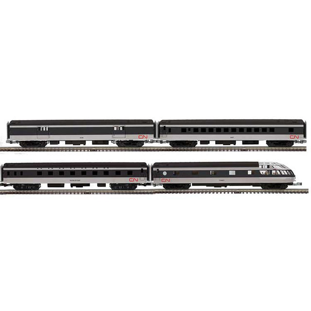 70' Streamlined Baggage, Sleeper, Coach, Skytop Obs - 3-Rail - Ready to Run -- Canadian National #9109, Bucklye Bay, 5407, Fundy (black, white, red)