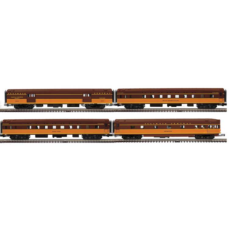 70' Streamlined Baggage, 2 Sleepers, Observation - 3-Rail - Ready to Run -- Illinois Central #1801, Blue Grass State, King Coal, Memphis (brown, orange)