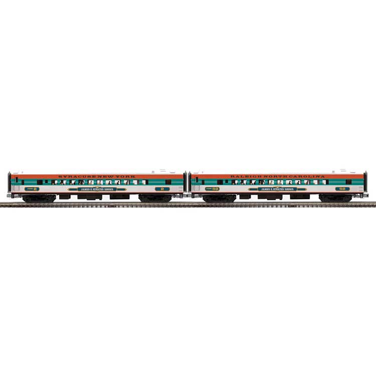 70' Streamlined Coach 2-Pack - 3-Rail - Ready to Run -- James E Strates Shows #2 Syracuse NY, #52 Raleigh NC (white, green, orange)