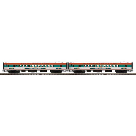 70' Streamlined Coach 2-Pack - 3-Rail - Ready to Run -- James E Strates Shows #2 Syracuse NY, #52 Raleigh NC (white, green, orange)