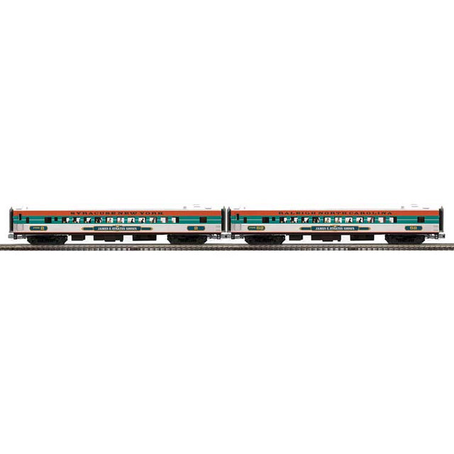 70' Streamlined Coach 2-Pack - 3-Rail - Ready to Run -- James E Strates Shows #2 Syracuse NY, #52 Raleigh NC (white, green, orange)