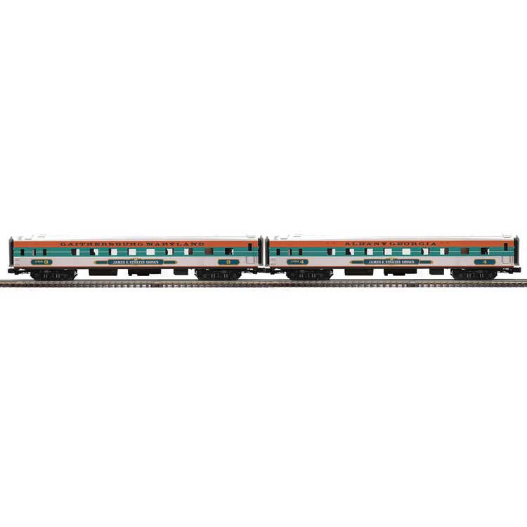 70' Streamlined Sleeper 2-Pack - 3-Rail - Ready to Run -- James E Strates Shows #3 Gaithersburg MD, #4 Albany GA (white, green, orange