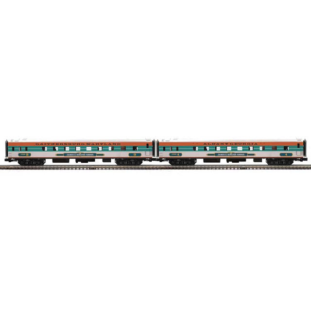 70' Streamlined Sleeper 2-Pack - 3-Rail - Ready to Run -- James E Strates Shows #3 Gaithersburg MD, #4 Albany GA (white, green, orange