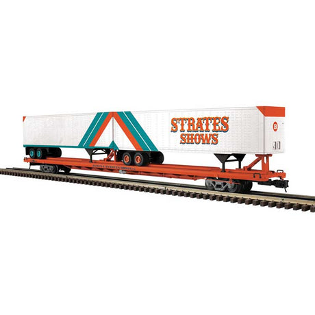 89' 4" Intermodal Flatcar w/Trailers 4-Pack - 3-Rail - Ready to Run -- James E Strates Shows #22, 36, 38, 43 (orange)-1