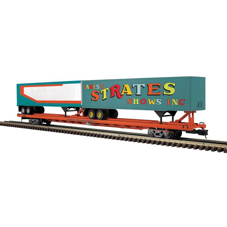 89' 4" Intermodal Flatcar w/Trailers 4-Pack - 3-Rail - Ready to Run -- James E Strates Shows #22, 36, 38, 43 (orange)-2
