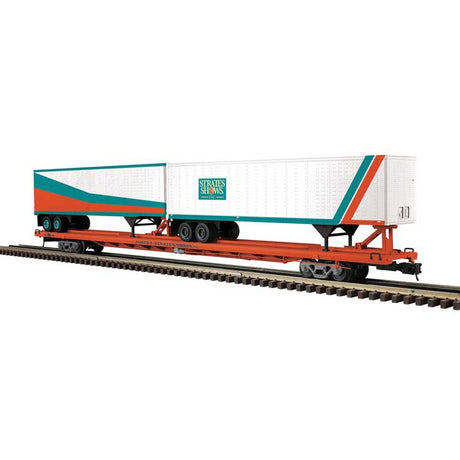 89' 4" Intermodal Flatcar w/Trailers 4-Pack - 3-Rail - Ready to Run -- James E Strates Shows #22, 36, 38, 43 (orange)-3