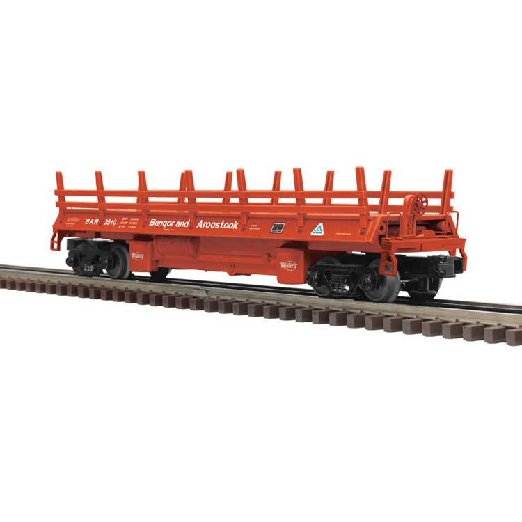 Operating Log Dump Car with Load - 3-Rail - Premier(R) -- Bangor and Aroostook (red, white)