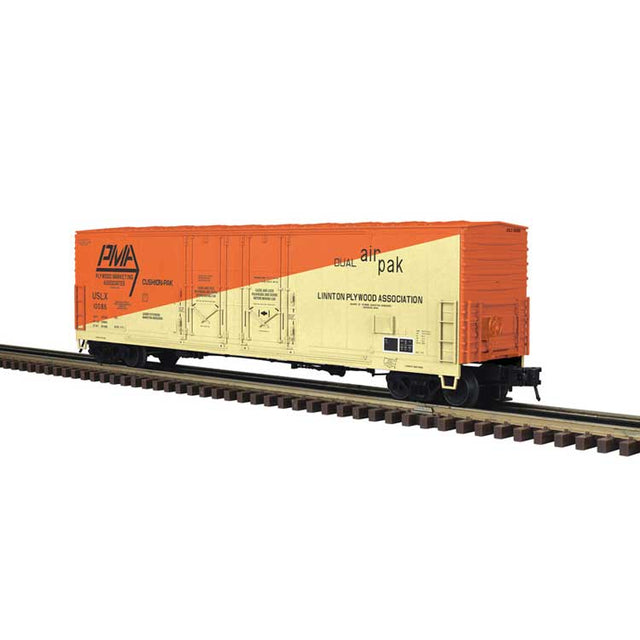 Evans 53' Double-Plug-Door Boxcar - 3-Rail - Ready to Run - Master(R) -- Plywood Marketing Associates USLX (orange, yellow)