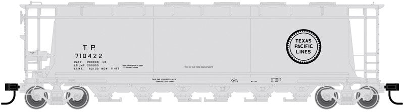 3-Bay Cylindrical Hopper - 2-Rail - Ready to Run - Master(R) -- Texas & Pacific (gray, black, T&P Buzz Saw Logo)